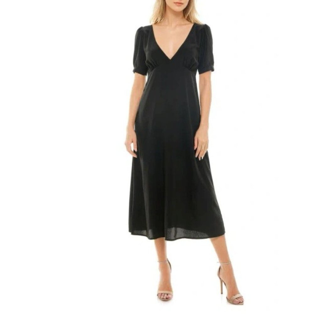 New SOCIALITE Puff Sleeve Bias Midi Dress In Black P4675